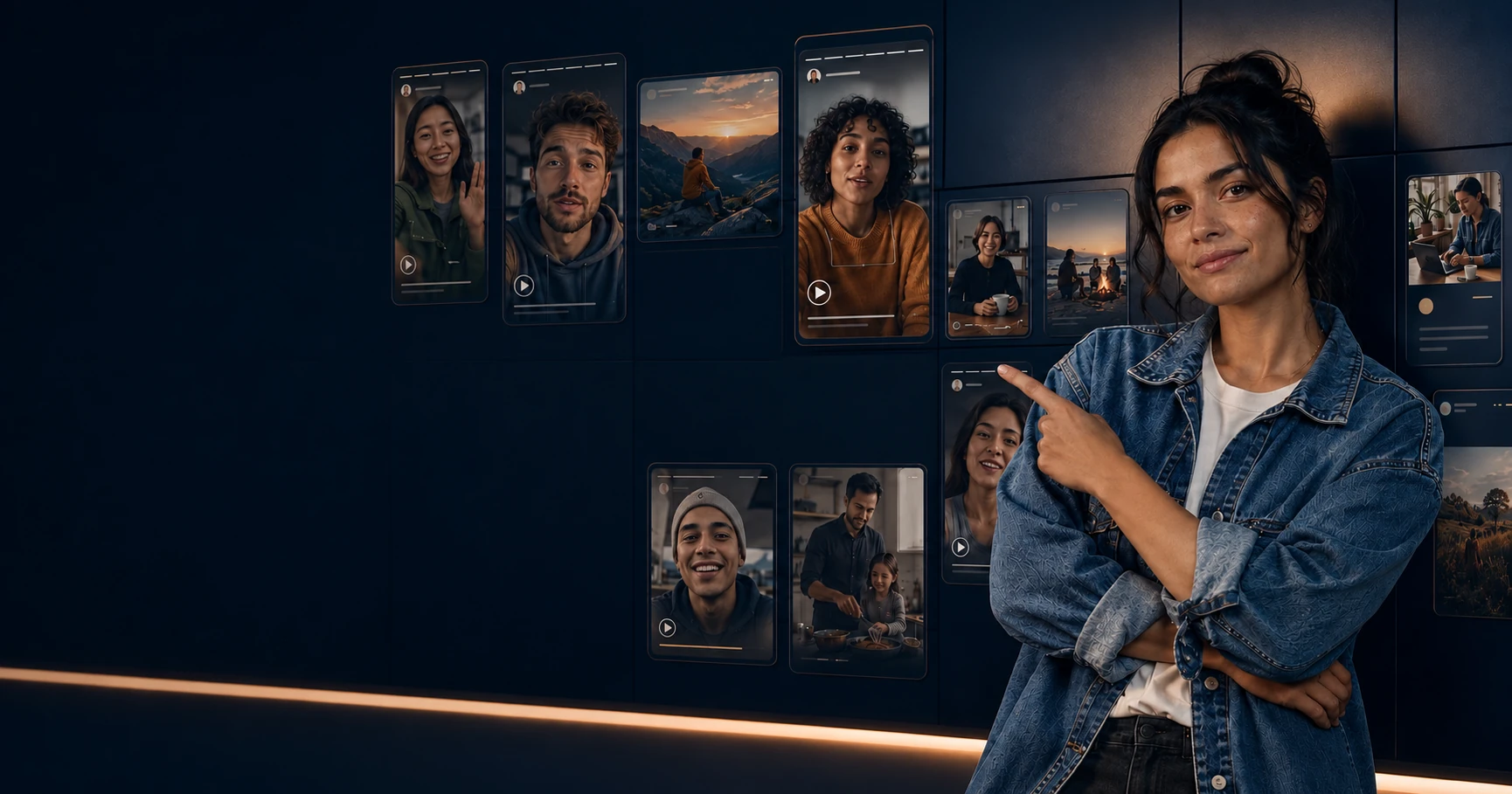 Eine Frau zeigt vor einer digitalen Story-Wand auf persönliche Videos, Fotos und Geschichten aus der LICOVIA Community.