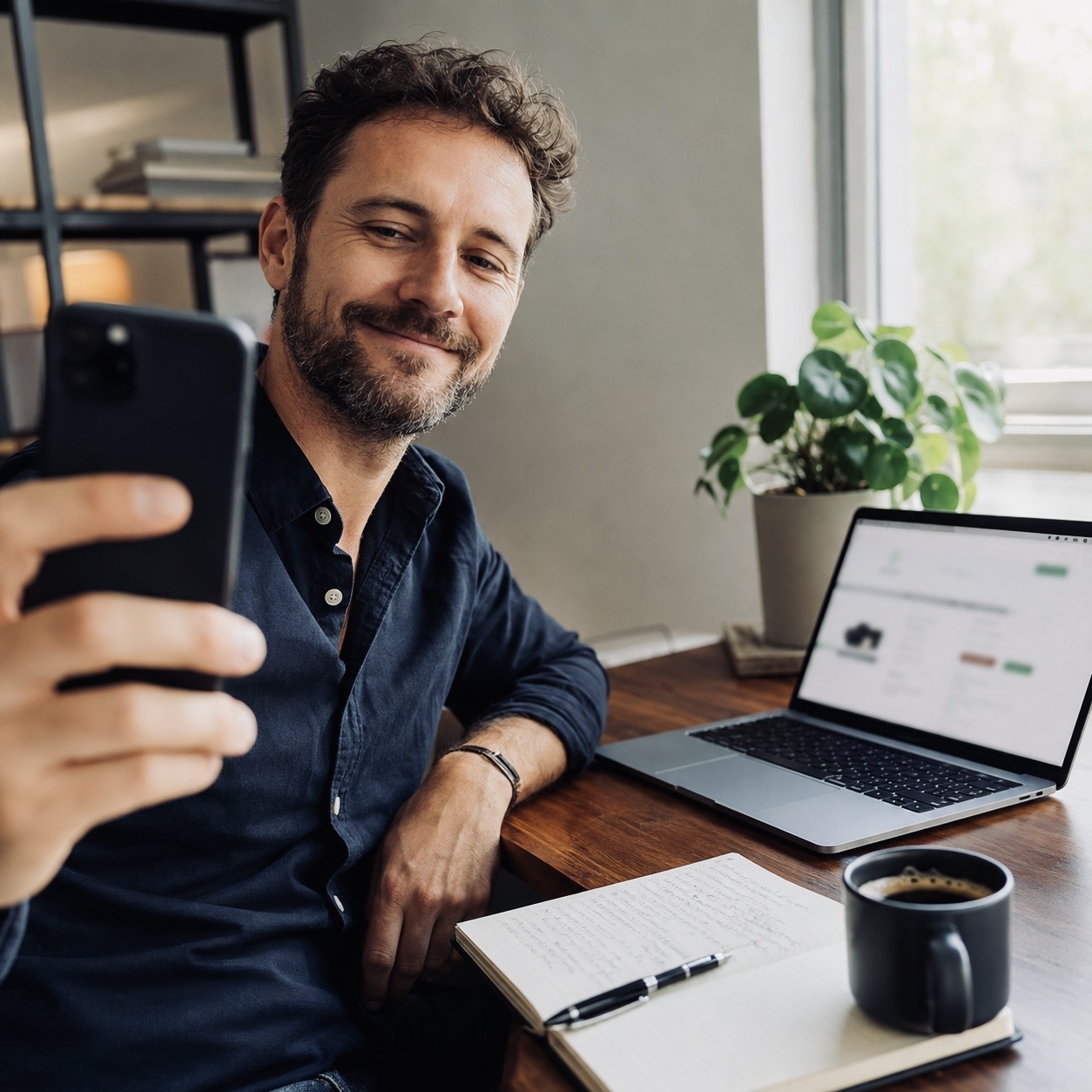 Ein Mann dokumentiert an seinem Arbeitsplatz einen Moment mit Smartphone und Laptop.